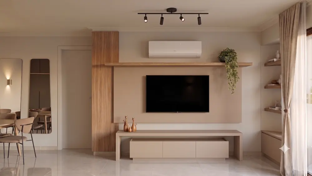 Sala de estar com painel de TV em madeira e prateleiras em madeira e alvenaria