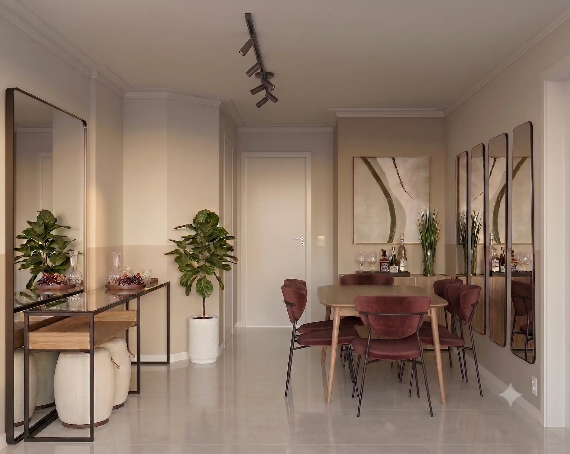 Sala de estar e jantar integrados, projeto de Ana Letícia Ozório, com parede de espelhos e mesa de jantar em madeira clara